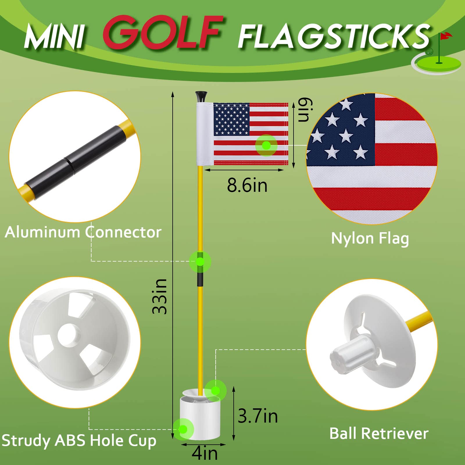 Meooeck Golfflaggenstab, 91 cm, grüne Putting-Flagge und Lochbecher-Set für Hof, tragbar, 2 Abschnitte, Fiberglas, Mini-Golf-Set für Driving Range Hinterhof, doppelseitige amerikanische Flagge, 3