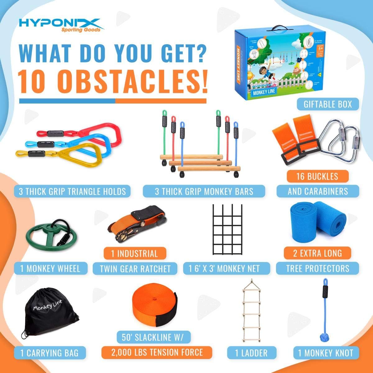 Hyponix 50' Ninja Warrior Obstacle Course for Kids - Weatherproof - Ninja Slackline - Kids Obstacle Course - Ninja Course for Kids Outside - Kids Ninja Warrior Obstacle Course - Ninja Slack Line : Toys & Games