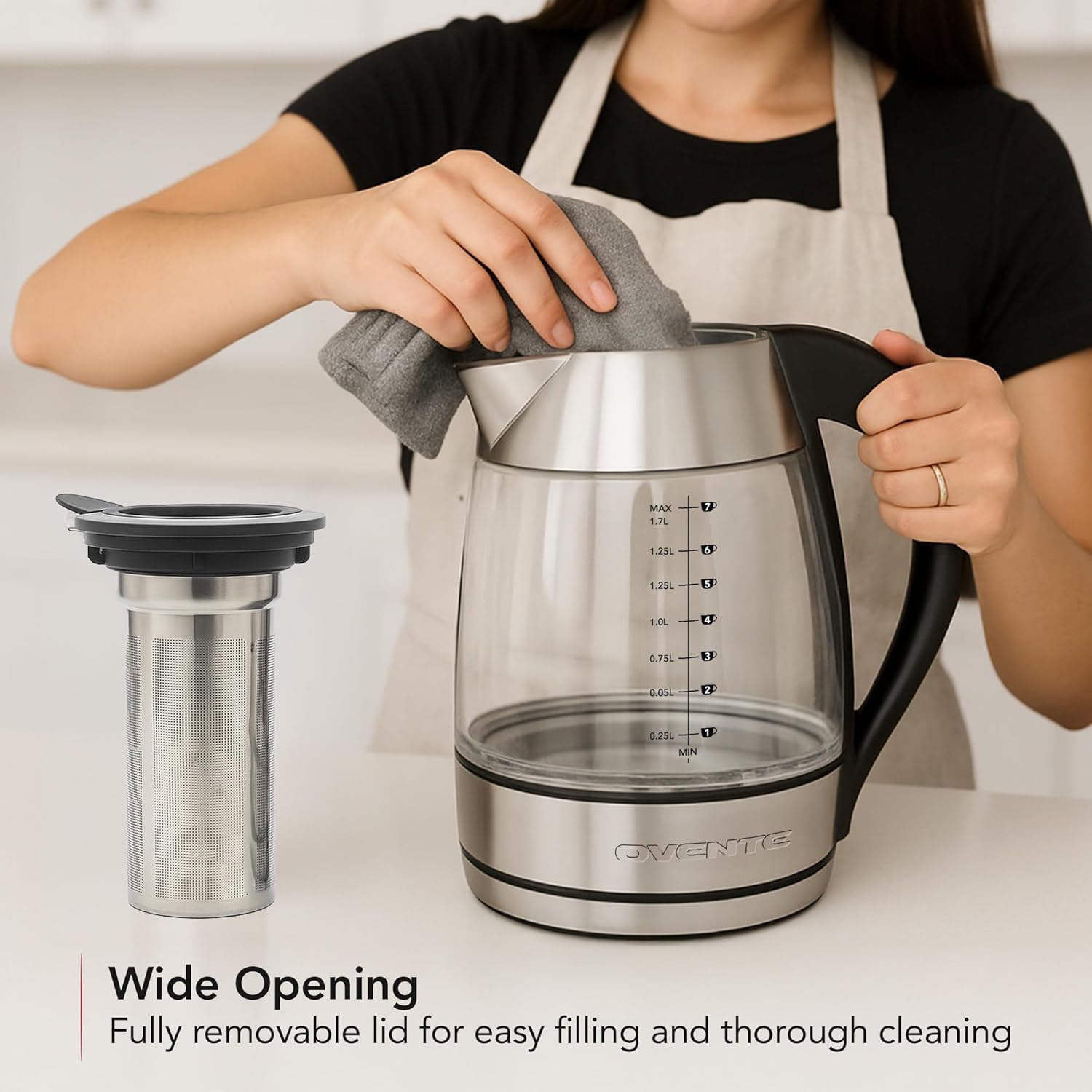 OVENTE Electric Tea Kettle with Temperature Control, Removable Tea Infuser, Easy to Fill Lid, Keep Warm Function, Auto Shut-Off, 1.7L Double Wall Borosilicate Glass, Stainless Steel Base, Silver KD68S