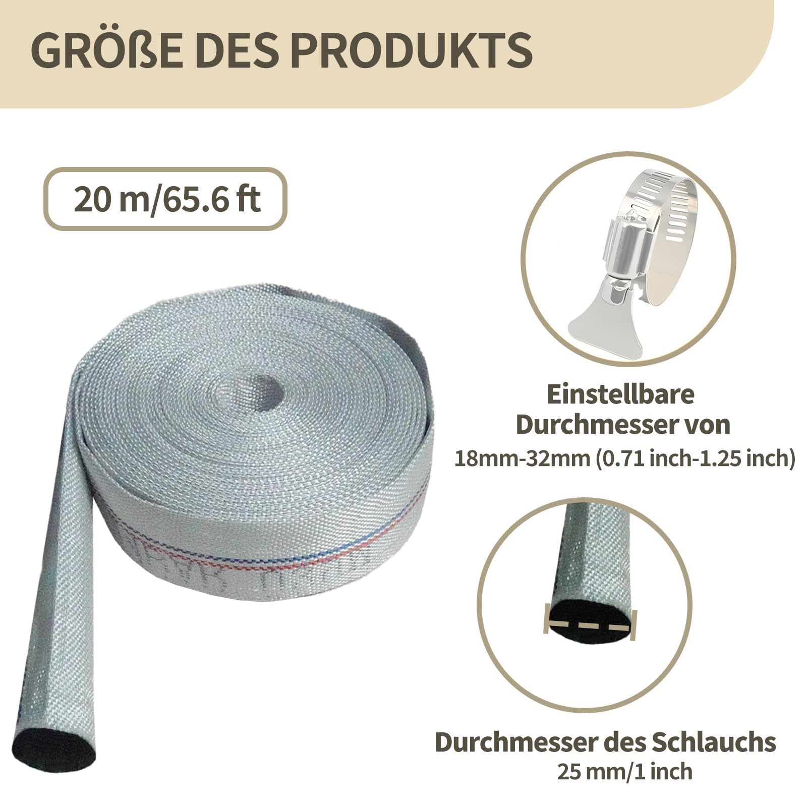 Flachschlauch,Gewebeschlauch mit 2 Edelstahl Schlauchklemme,Bauschlauch mit PE-Innenbeschichtung für Tauchpumpen, Schmutzwasserpumpen,Robuster Bauschlauch,Industrieschlauch(Grau 1 Zoll-25mm 20 M)