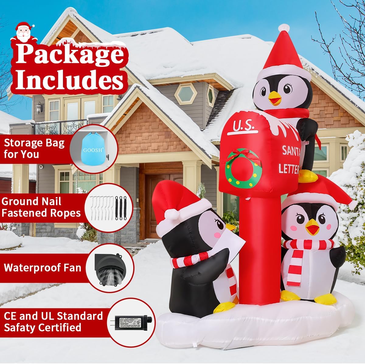 GOOSH 6.5 FT Christmas Inflatables Penguins Outdoor Decorations Blow Up Yard 3 Penguins and Santa Letter Box with Built-in LEDs for Xmas Holiday Party Indoor Garden Lawn Decor