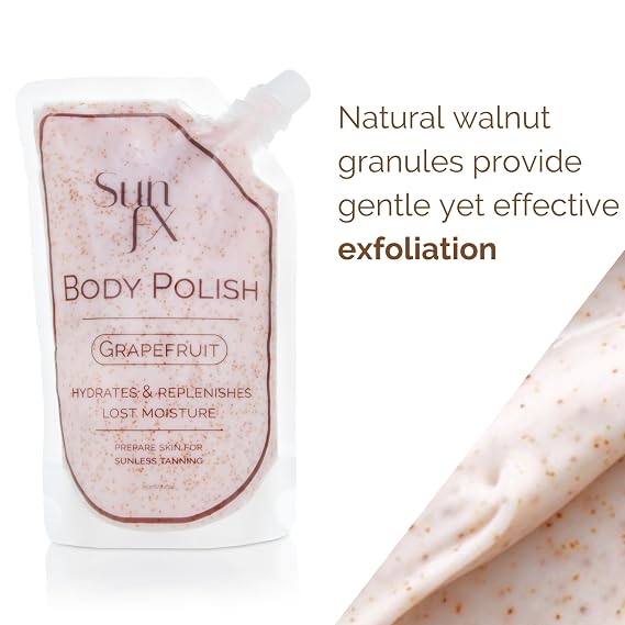 SunFX Grapefruit Body Polish Pre-Spray Tan Ultra Hydrating Exfoliating Nourishing Walnut Scrub for Smooth, Radiant Skin 250ml/8.4floz | SunFX Exfoliating Gloves - 1 Pair - Ultra Exfoliating Gloves fo