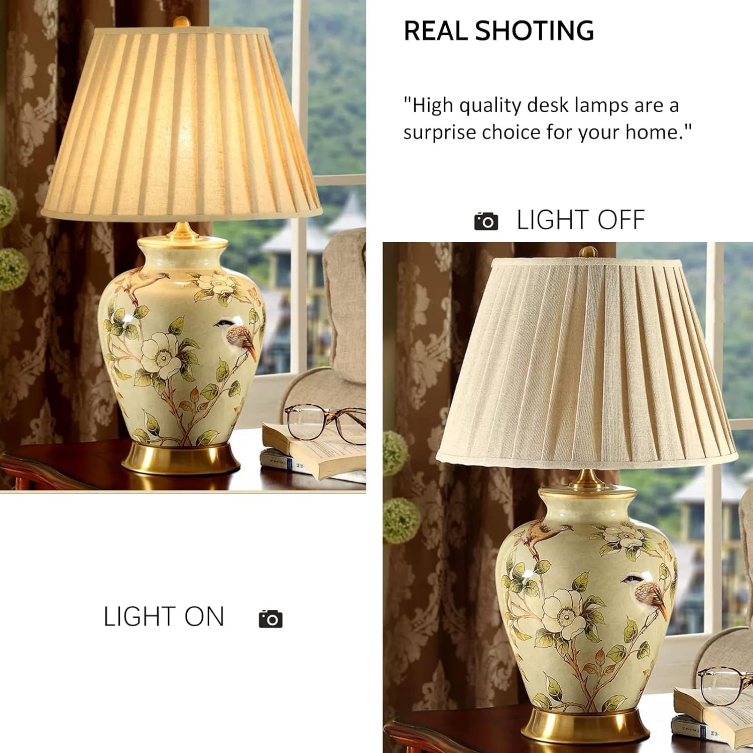23,6-Calowa Ceramiczna Lampa Stołowa Z Motywem Kwiatów I Ptaków W Stylu Chinoiserie, Biurko Led, Nowoczesna Szafka Nocna Do Sypialni, Salonu, Pokoju Rodzinnego I Biura