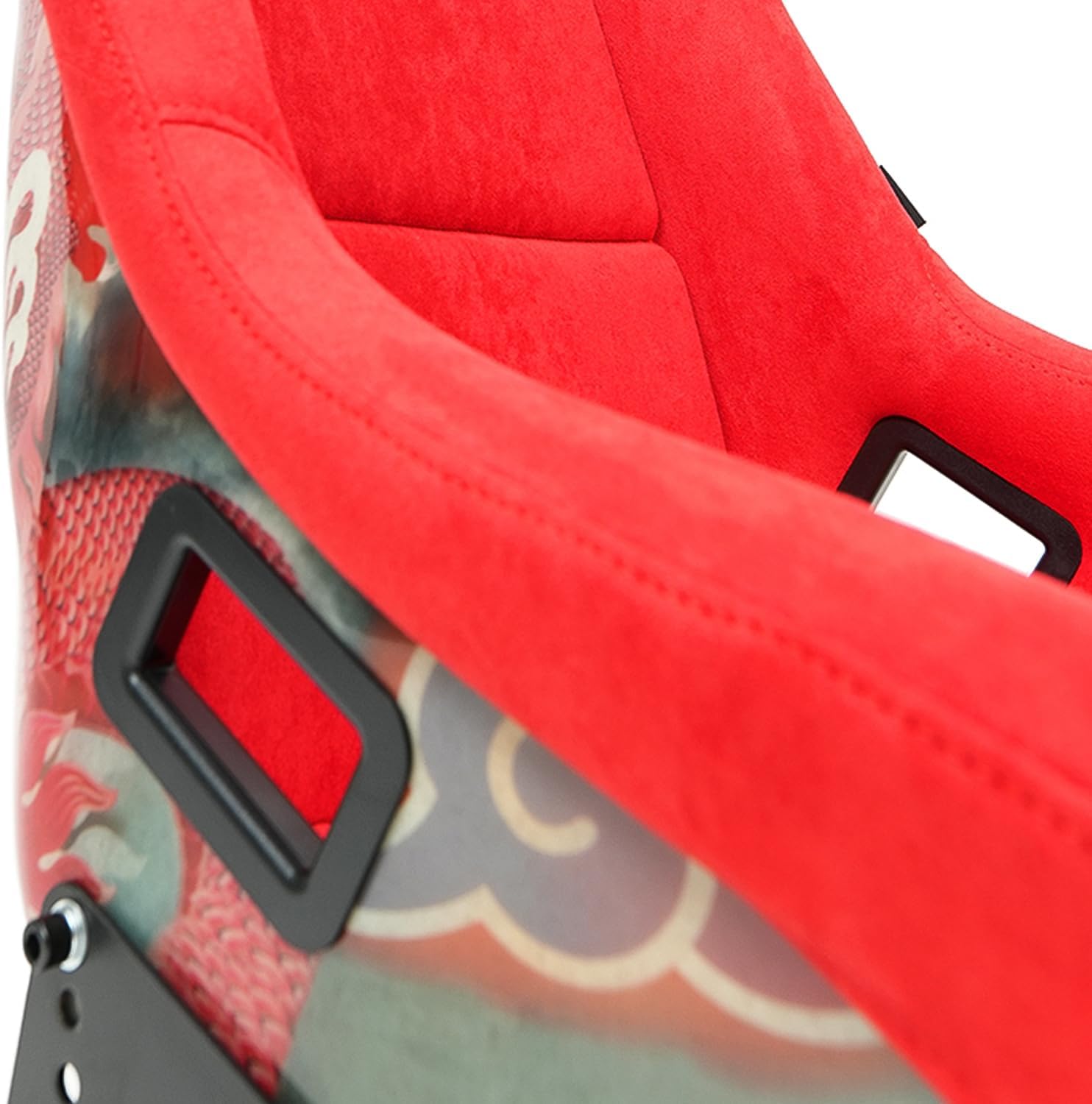 NRG Innovations NRG-FRP-302RD-DRGN-R Universal Fixed Back Bucket Seat, Special Dragon Embroidery Edition Racing Seat, Red Alcantara Seat Cover w/Mount Bracket, Size L