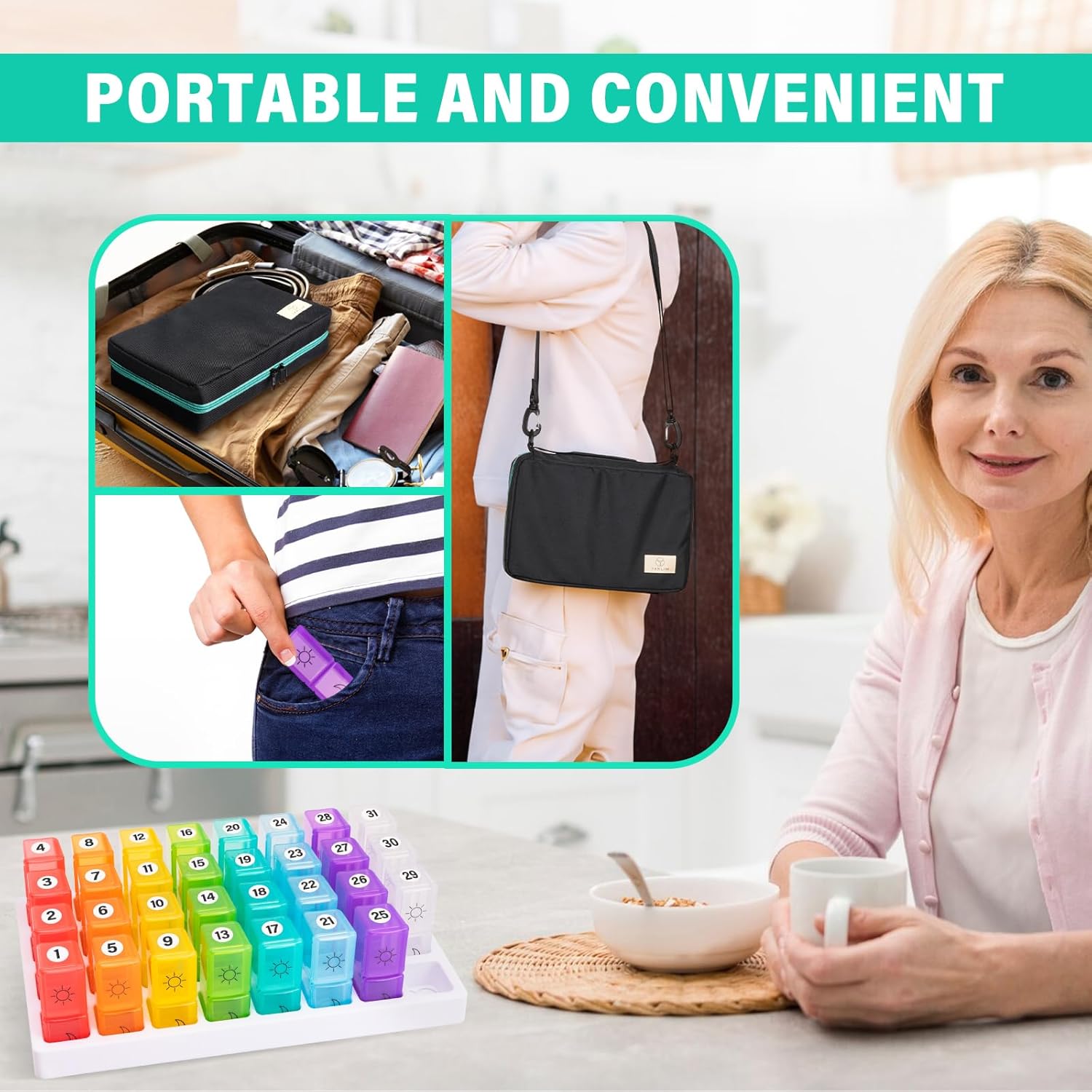 monthly pill organizer 2 times a day, 31 day pill box am pm with pill cutter & travel bag, portable soft one month pill box cases with weekly stickers, convenient medication & vitamins tracking rainbow