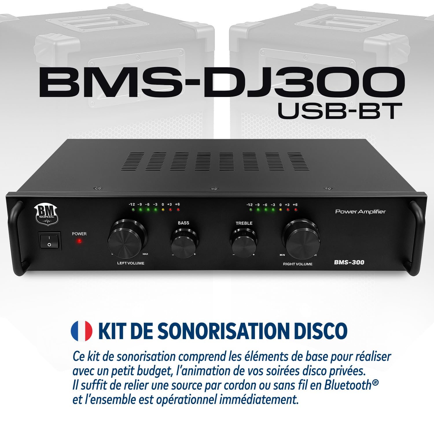 Kit Sonorisation 300W Bm Sonic BMS-DJ300-USB-BT Initiation DJ Enceintes Ampli Table de Mixage Bluetooth USB, Microphone Câblages