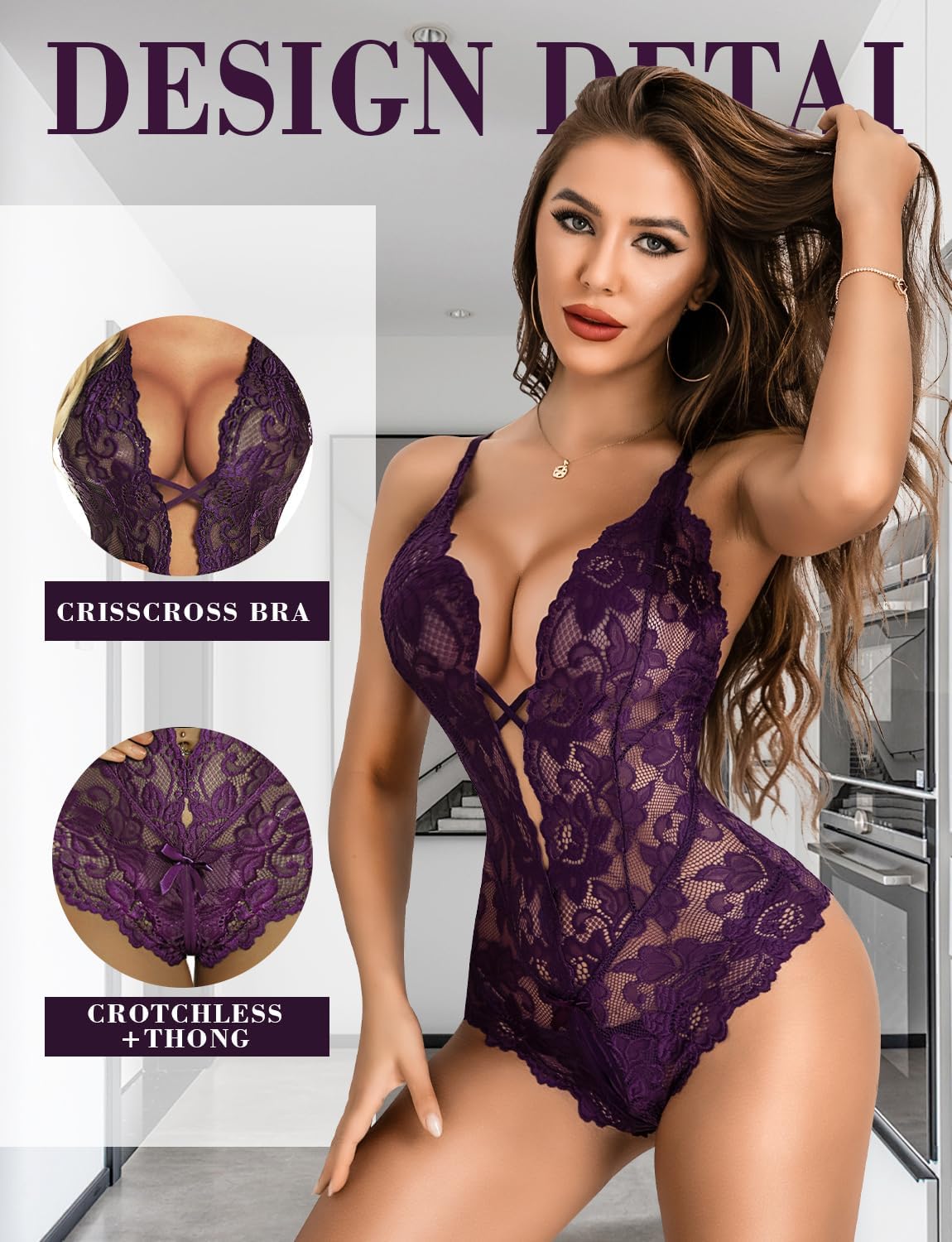 Aranmei Sexy Lingerie for Women Lace Teddy Bodysuit Deep V Cut Out Matching Panty Underwear - Image 3