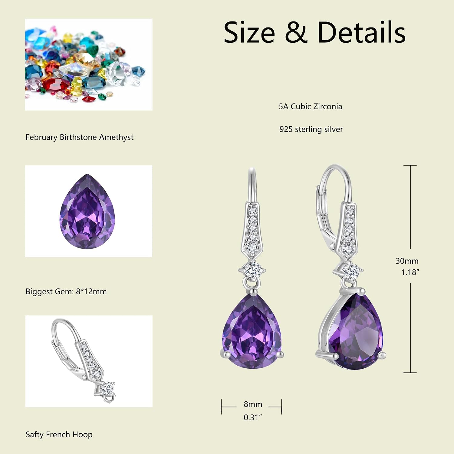Women 925 Sterling Silver Birthstone Teardrop Leverback Drop Dangle Earrings 8 * 12mm 5A Cubic Zirconia Jewelry for Her