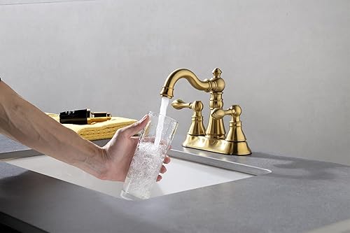 Miniatura 9 de Grifo de baño dorado cepillado de dos manijas de 3 agujeros con drenaje desplegable de desbordamiento de plástico, grifo giratorio para fregadero de
