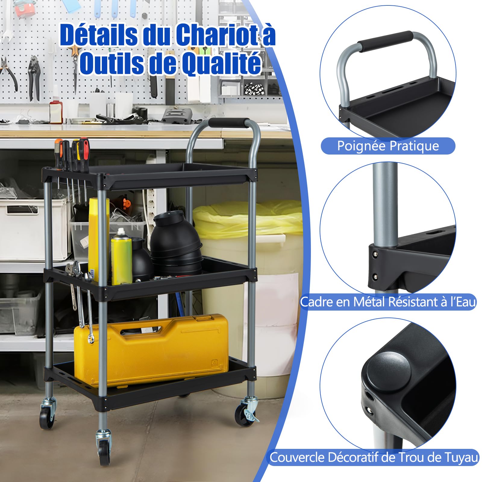 GOPLUS Chariot Servante Outils, Chariot de Service Porte Outils à 3 Étagères avec Trous de Suspension avec 4 Roues et Poignée, pour Garage, Atelier et Entrepôt, 64 x 40 x 102 CM