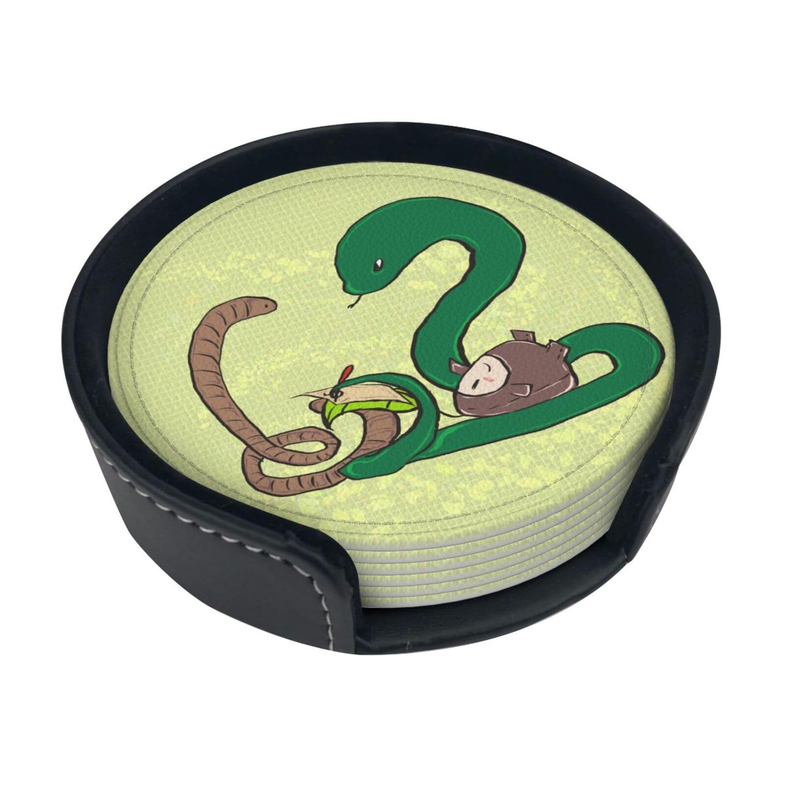 Sunflower Seeds Earthworm Snake Printed Coaster Set, with Holders, 6 Pieces. Suitable for Dining Tables, Kitchen Decor, and Coffee Tables.