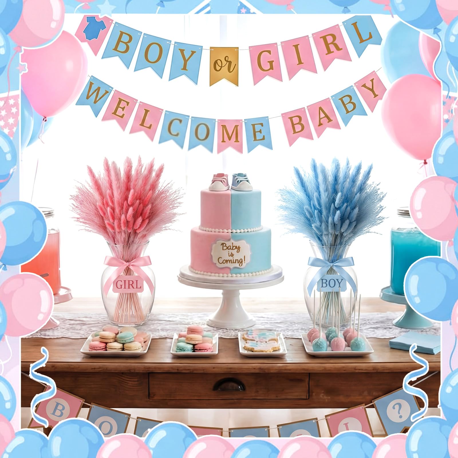 Hoteam Lot de 105 décorations de révélation du sexe rose bleu herbe de la pampa garçon ou fille | Décoration de fête prénatale « He or She » bohème - Herbe de la pampa - Fleurs séchées pour centres de table ou vase