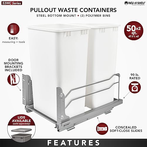 Miniatura 4 de Rev-A-Shelf 53WC-2150SCDM-213 Gabinete de cocina doble de 50 cuartos de galón contenedor de residuos de plástico extraíble de cierre suave bote de