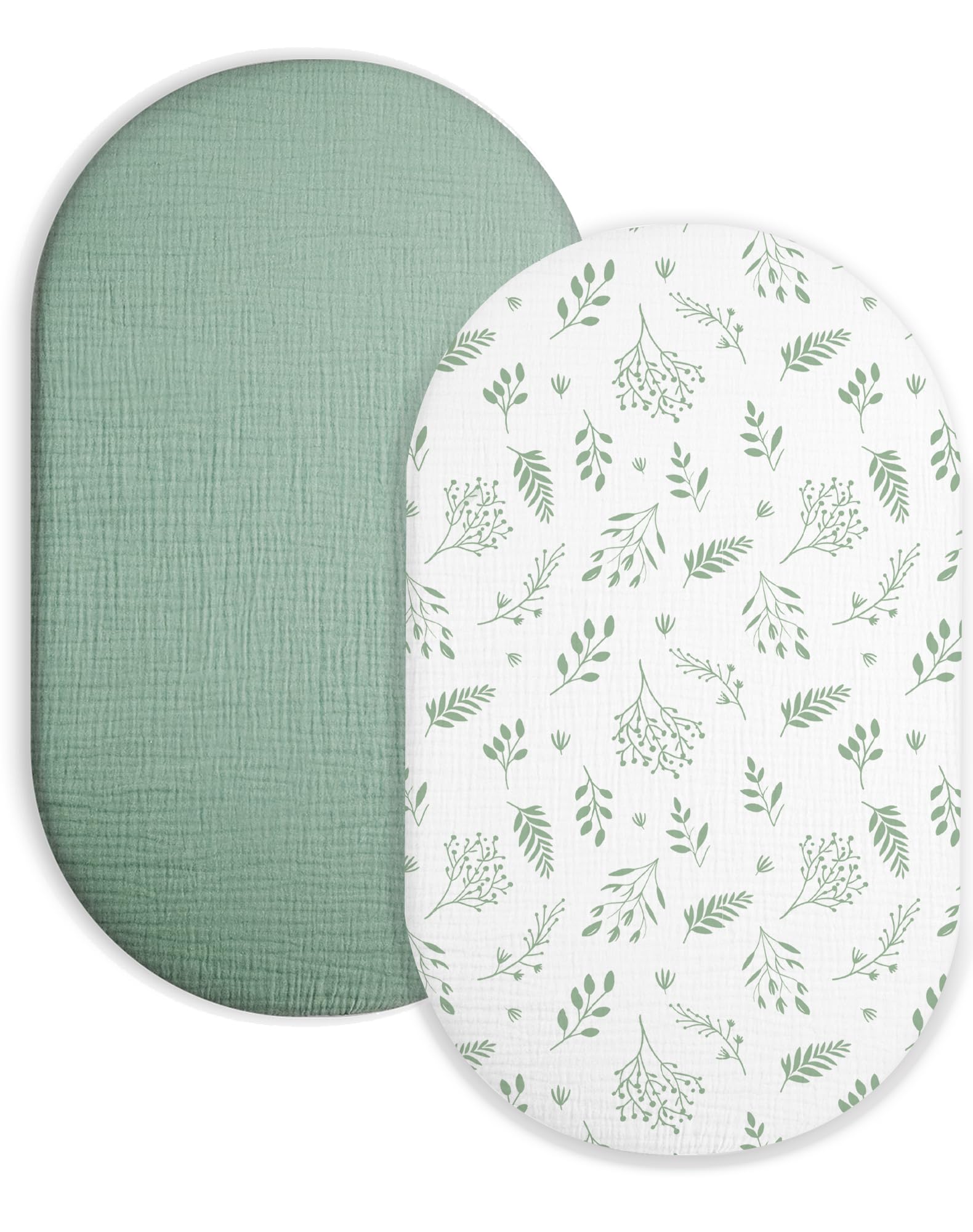 Muslin Bassinet Sheets 2 Pack, 33" x 17", (Fern Leaf &amp; Sage)
