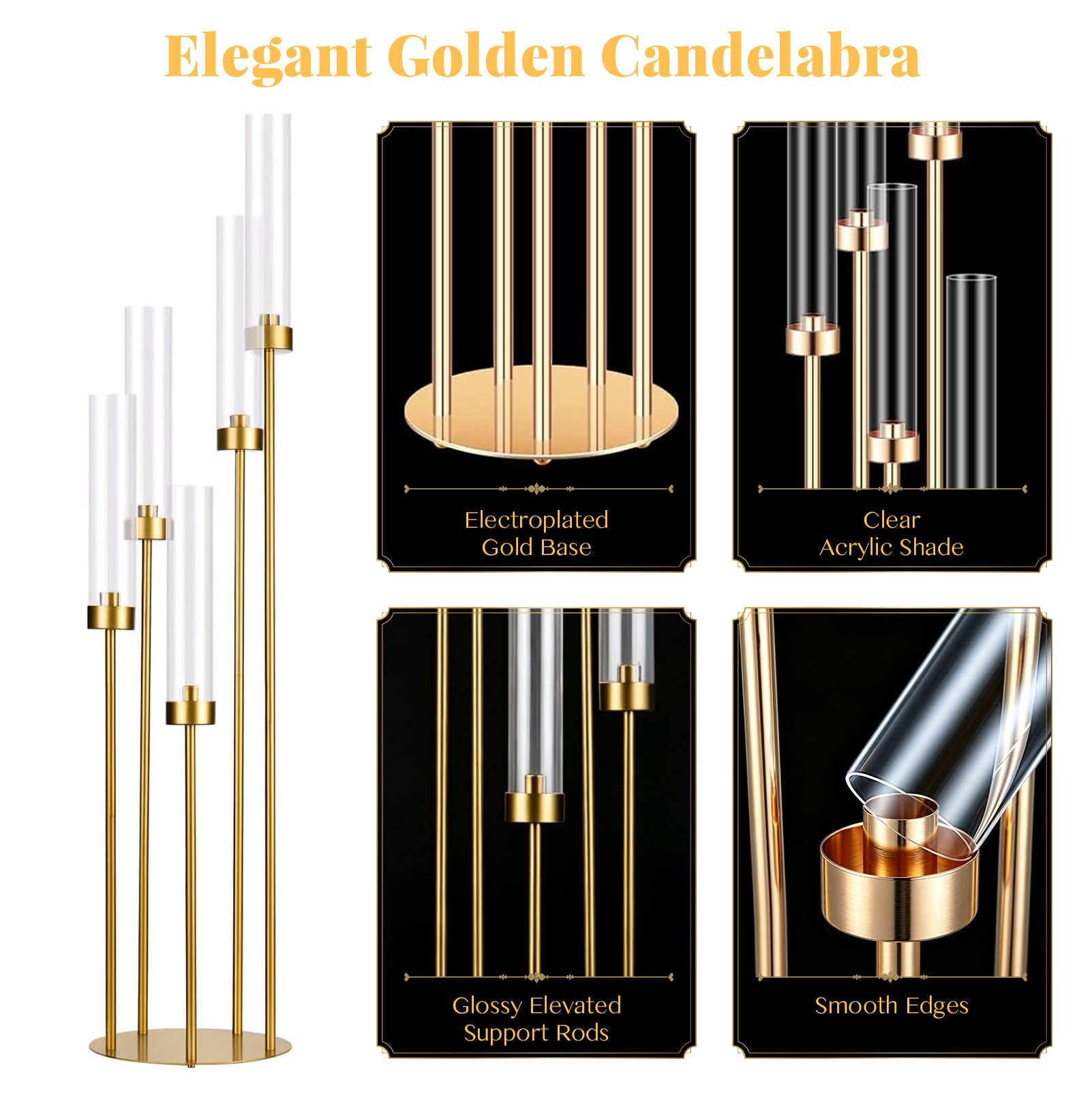Set di 4 Candelieri in Metallo a 5 Bracci, Altezza 66-106 cm | con Paralume in Acrilico, Ideali per Matrimoni, Decorazioni per la Casa (compatibili con candele a LED)