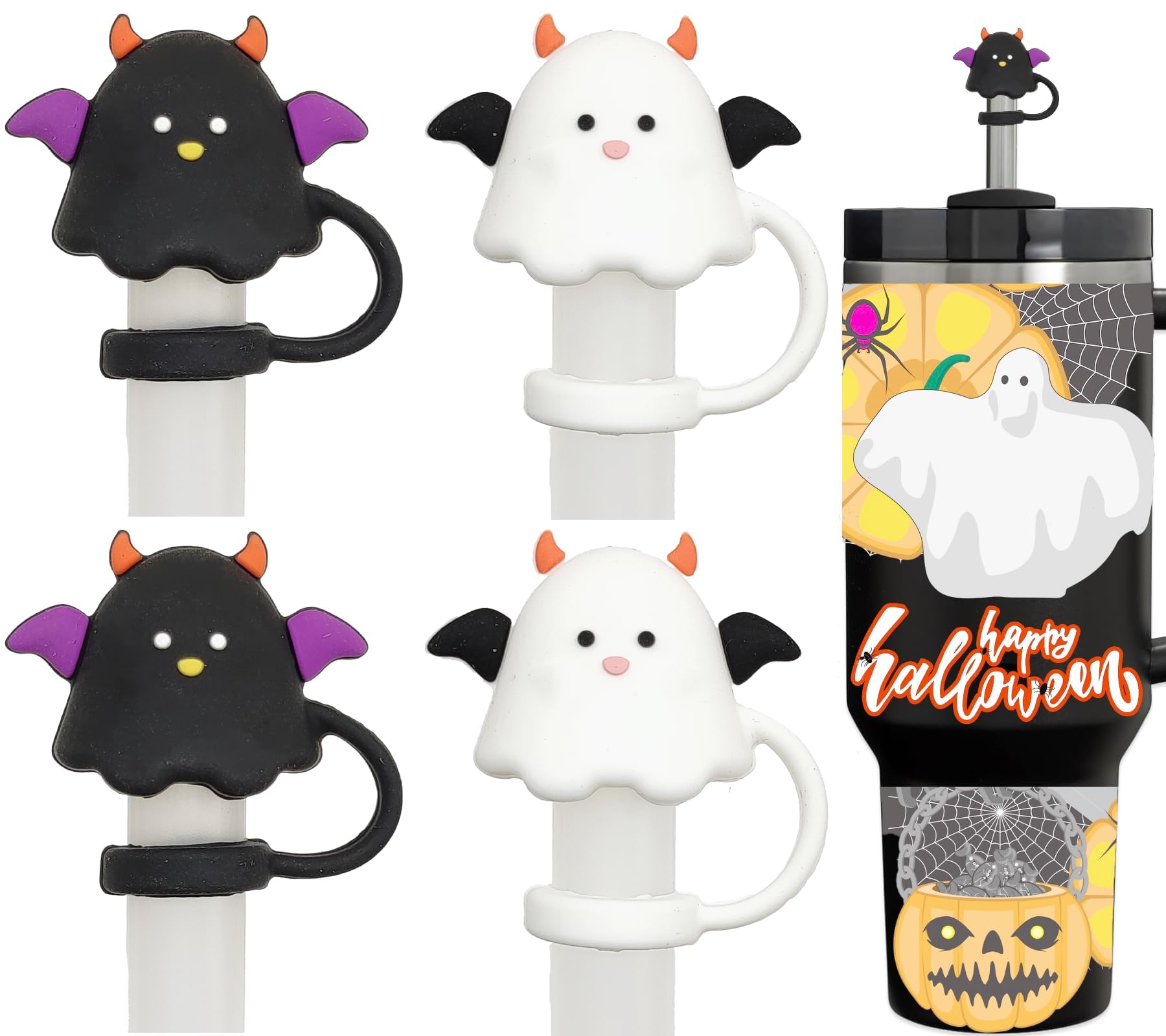 TERRIFI 5PCS Halloween Silicone Straw Covers for Stanley Cups - 10mm 0.4in Dust-Proof Reusable Tips for 30 & 40 Oz Tumblers with Handle - Ideal Halloween Gifts (Halloween Ghost)