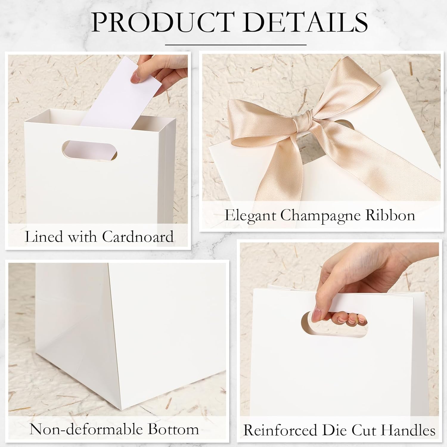 Aliceset 12 Pcs Small Thank You Bridesmaid Gift Bags 10 x 7 x 3.15'' with Die Cut Handles Compact Bags with Bow Ribbon for Wedding Baby Shower Birthday Party Favors(White,Champagne) - Image 5