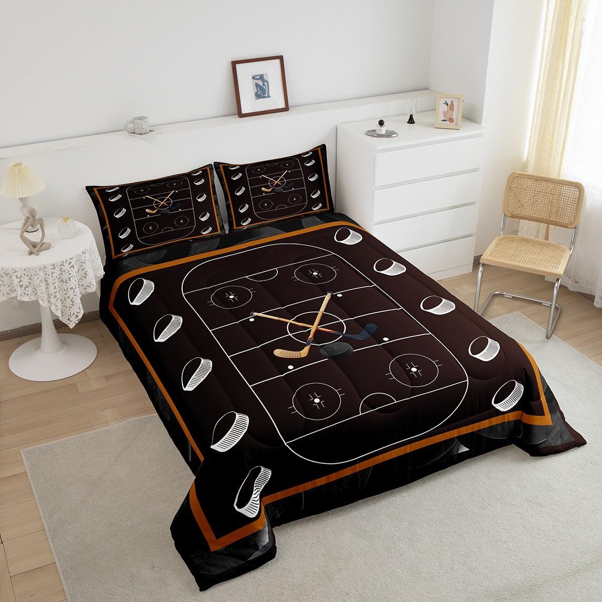 Feelyou Ice Hockey Comforter Set Queen Size Winter Sports Hobby Bedding Set Kids Boys Girls Hockey Stadium Ball Games Deep Brown Comforter Sports Theme Quilt Set