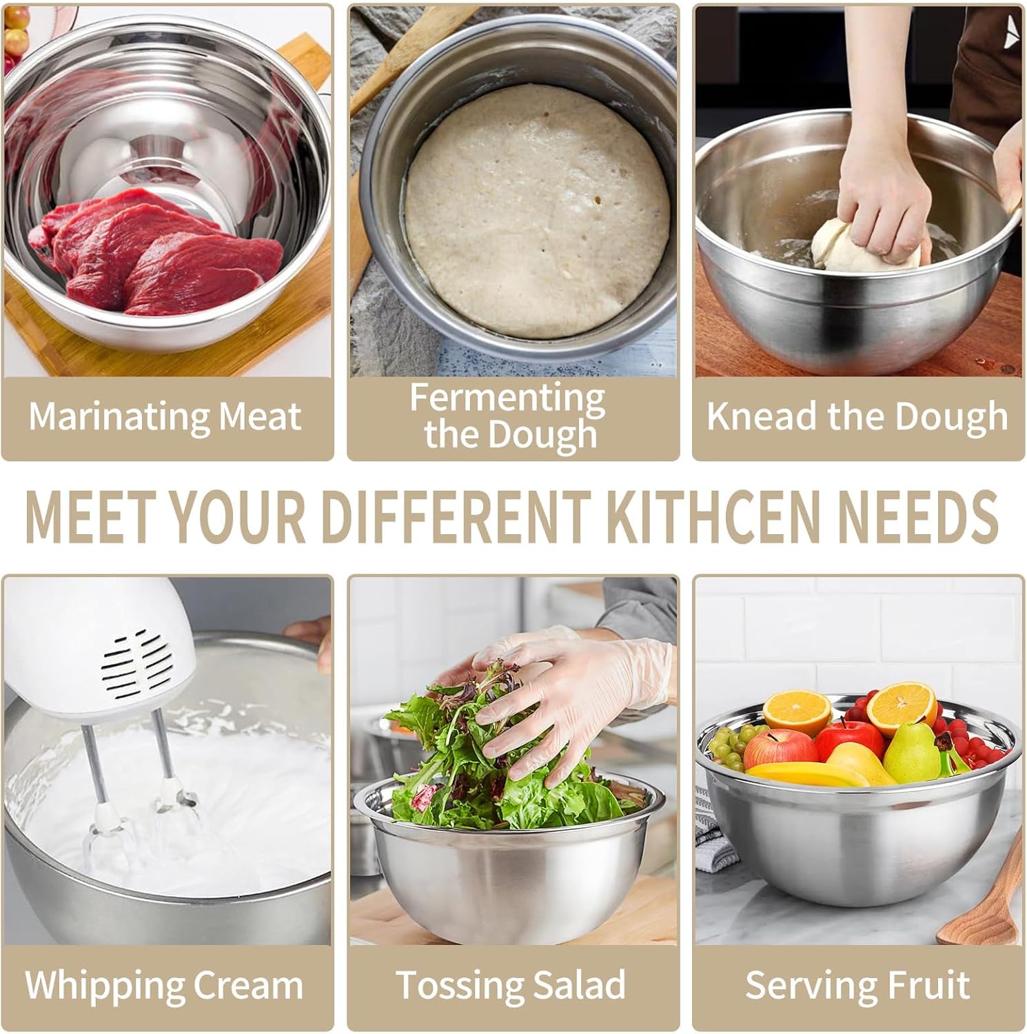 Mixing Bowls Set, 25PCS Khaki Mixing Bowls With Lids Set Stainless Steel Kitchen Large Nesting Metal Bowl 7QT to 1.5QT, Measuring Cups and Spoons for Prepping Cooking Serving - Image 4