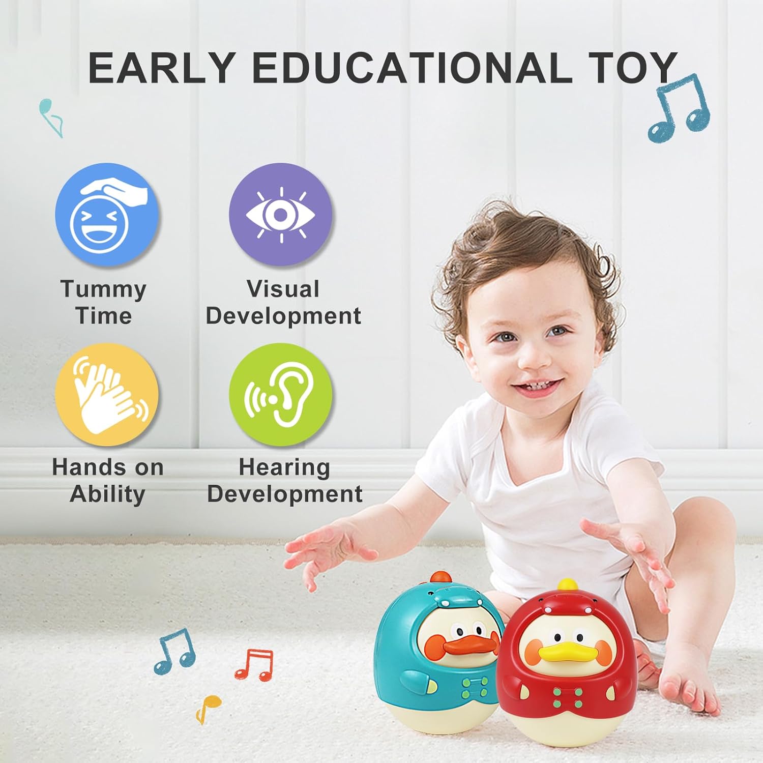 Tinabless Tummy Time Toys, Dinosaur-Duck Roly Poly Baby Toy, Musical Wobbler Toy | Tumbler Wobbler Toy for Newborns 3-12 Month Baby Boys and Girls Easter Basket Gift First Birthday Present (Red)