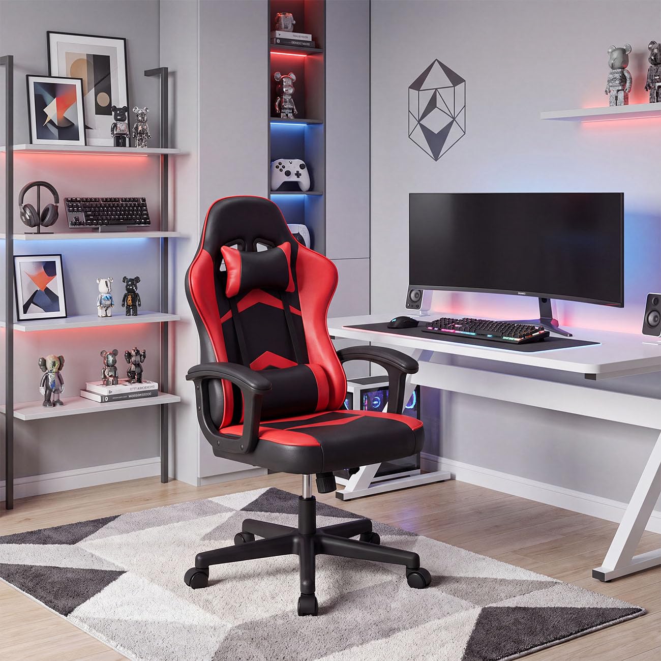 duehome | Silla Gaming Raptor Ergonómica Regulable en Altura con Ruedas 360°, Diseño Racing, Acabado en Negro y Rojo, Medidas: 50 cm (Ancho) x 68 cm (Largo) x 116-125 cm (Alto)
