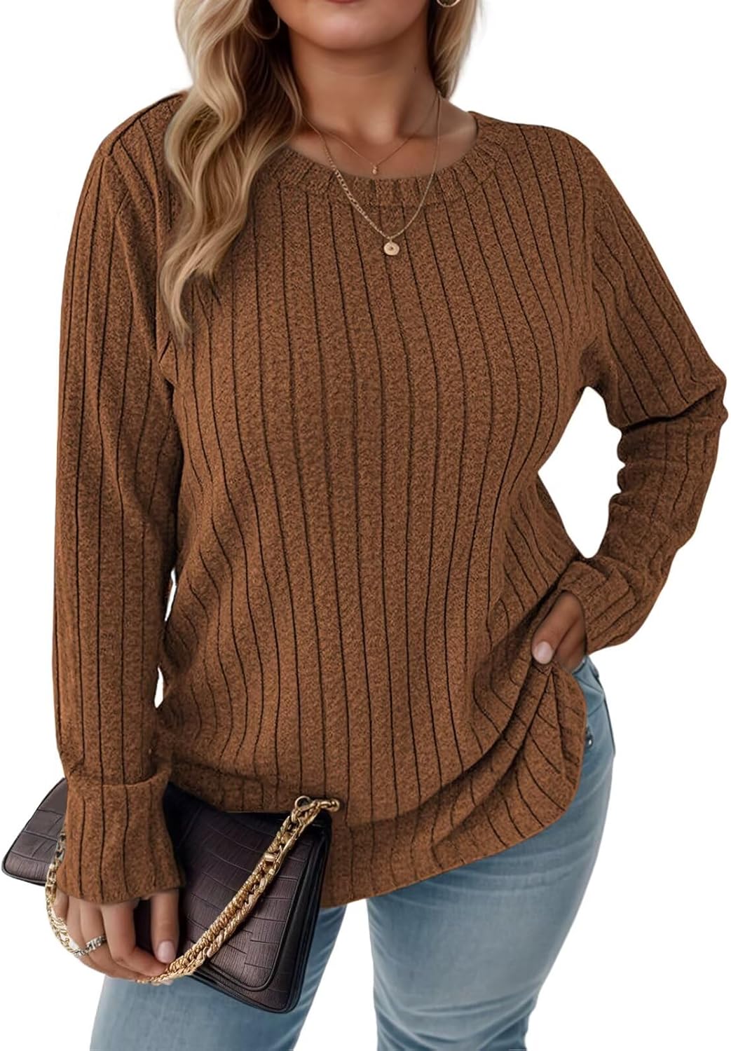 DOLNINE Women's- Plus- Size -Sweatshirts Long Sleeve Crew Neck Casual Fall Tops Lightweight Soft Loose Fit Pullover Shirts
