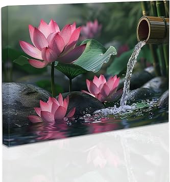 SWQYLB Pink Lotus Flower Picture Zen Flower Wall Art Spa Meditation Canvas Poster Spiritual Yoga Bathroom Print Wall Decor Framed Green, 12.00" x 18.00"