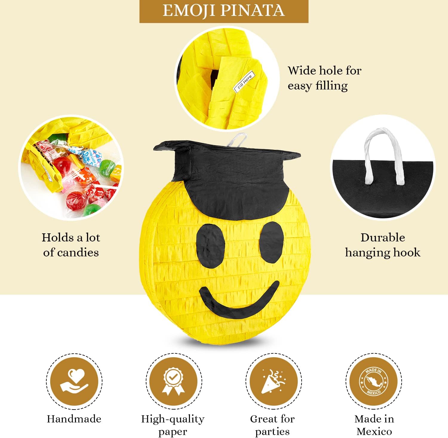 Congrats Grad Smiley Face Emoji Pinata - Piñatas for Graduation, Cinco de Mayo, Coco Themed Parties for Kids - High Quality Paper - Easy to Fill with Candy and Favors - Mexican Party Decorations