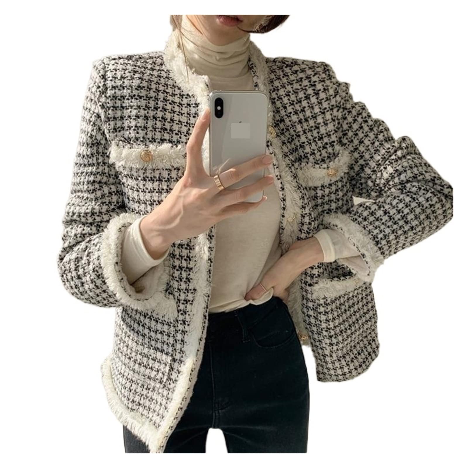 Cárdigan vintage para mujer, chaqueta de tweed para mujer, otoño e invierno, lana de cordero gruesa empalmada con borlas, elegante, abrigo chic para exteriores (albaricoque, L)
