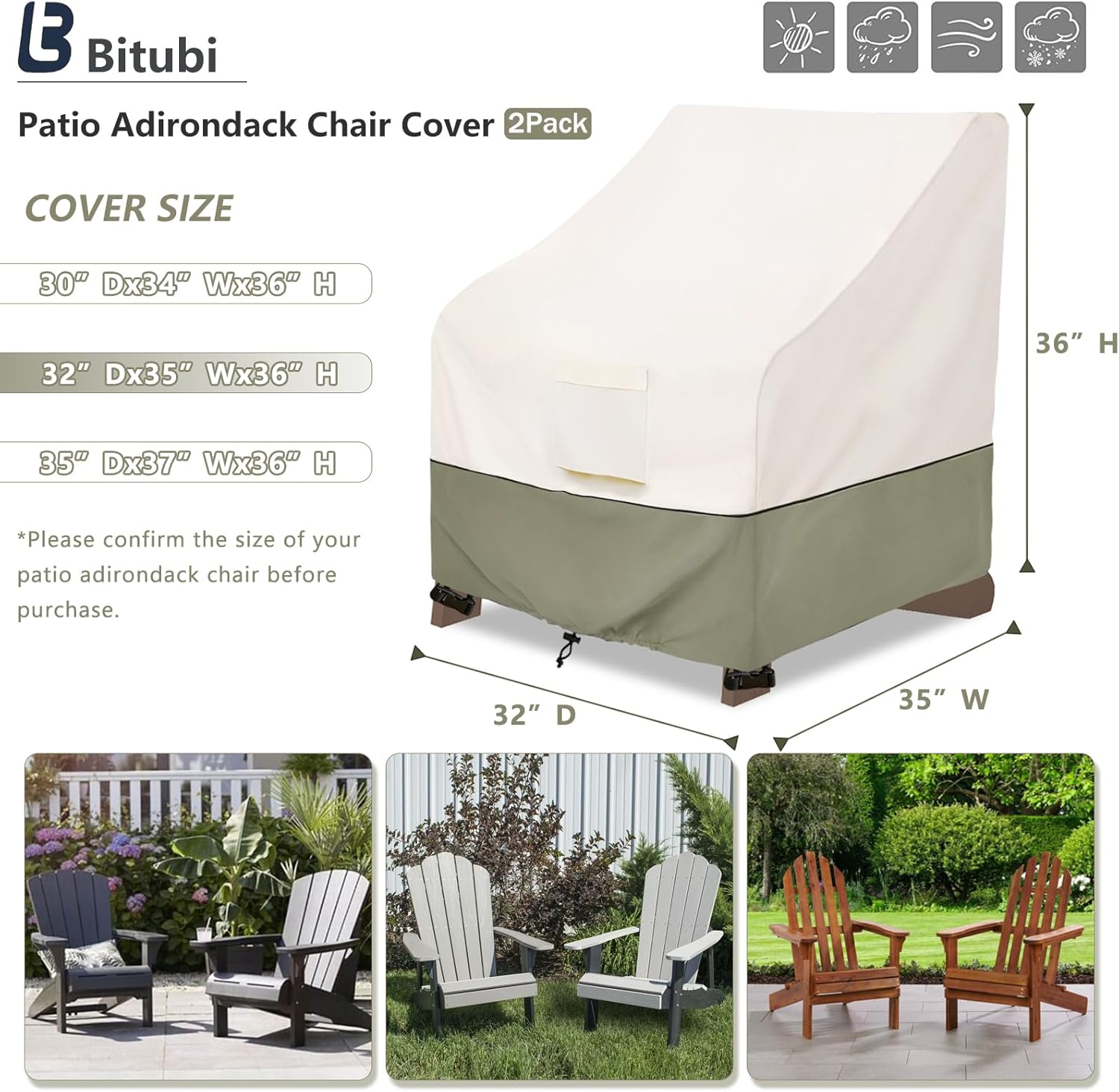 Bitubi Waterproof 2 Pack Patio Adirondack Chair Cover for Outdoor Chair Size Up to 32W x 35D x 36H inch,Outdoor Lawn Patio Furniture Covers (Beige)