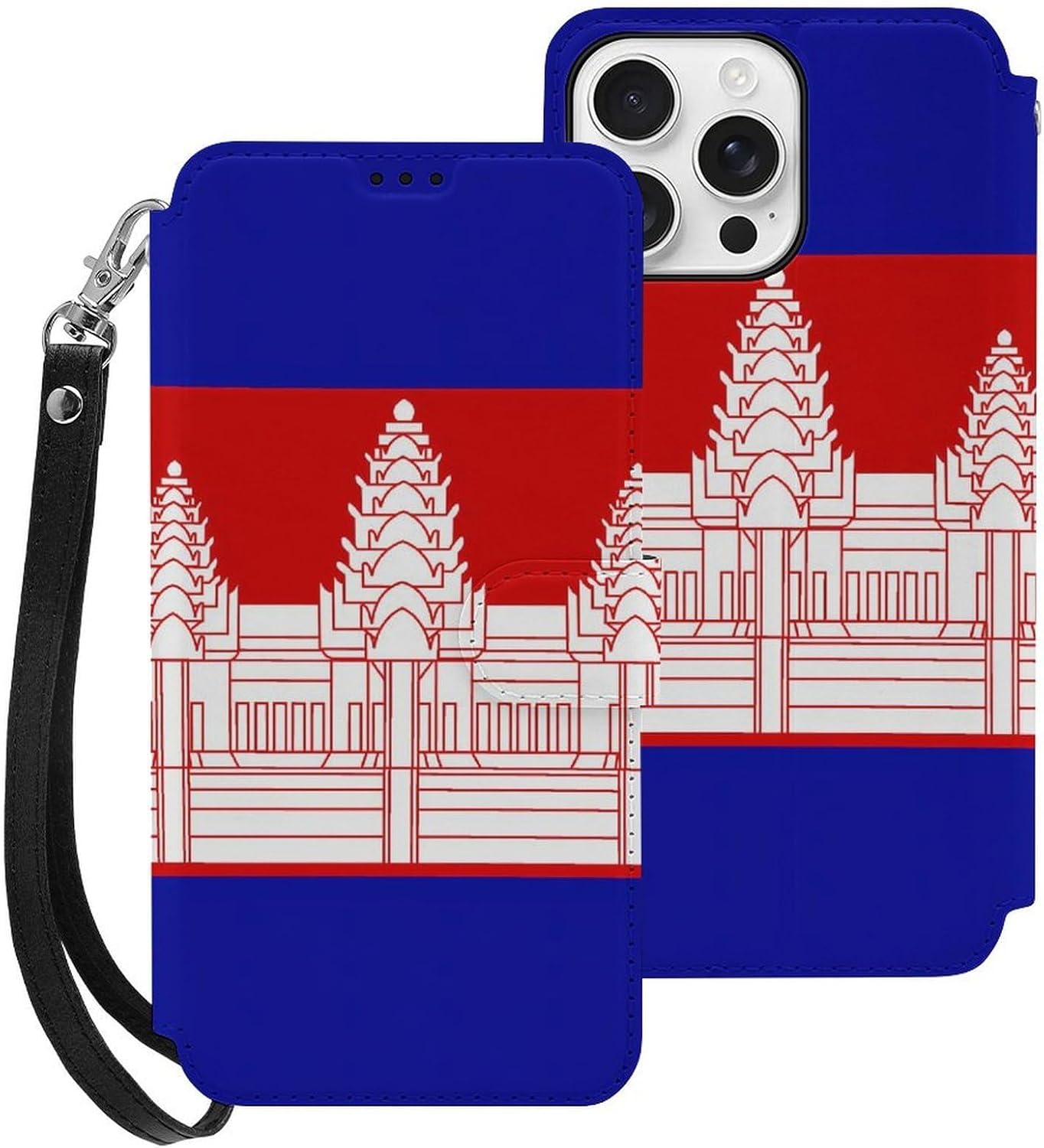 Cambodia Cambodian Flag Compatible with iPhone 16/16 Plus/16 Pro/16 Pro Max/16 E Case Phone Wallet Card Holder Flip Cover with Wrist Strap