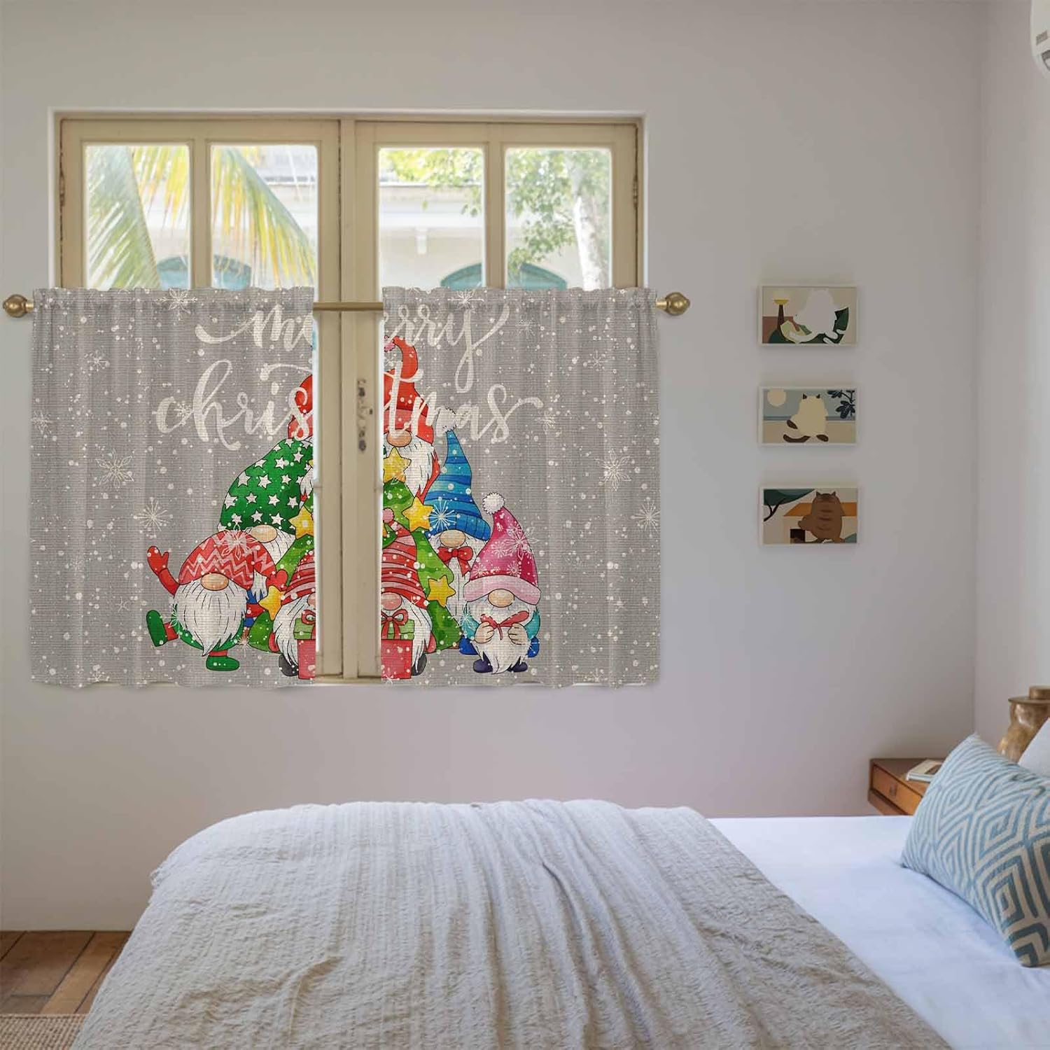 Christmas Grey Kitchen Tier Curtains 45 Inch Long 2 Panel Set,Rod Pocket Short Window Treatment,Vintage Gnomes Snowflakes Pine Tree Curtains & Drapes for Bathroom Basement 27.5"W x 45"L