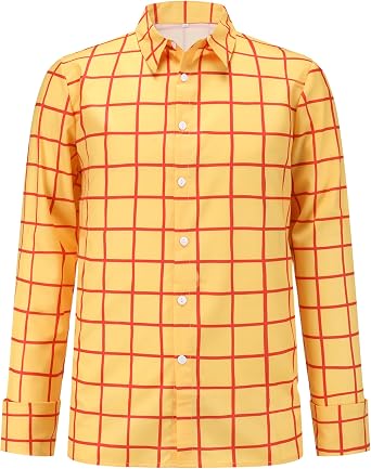 Mens Cowboy Costume Shirt Adult Halloween Cosplay Cowboys Long Sleeves Plaid Button Down Shirt