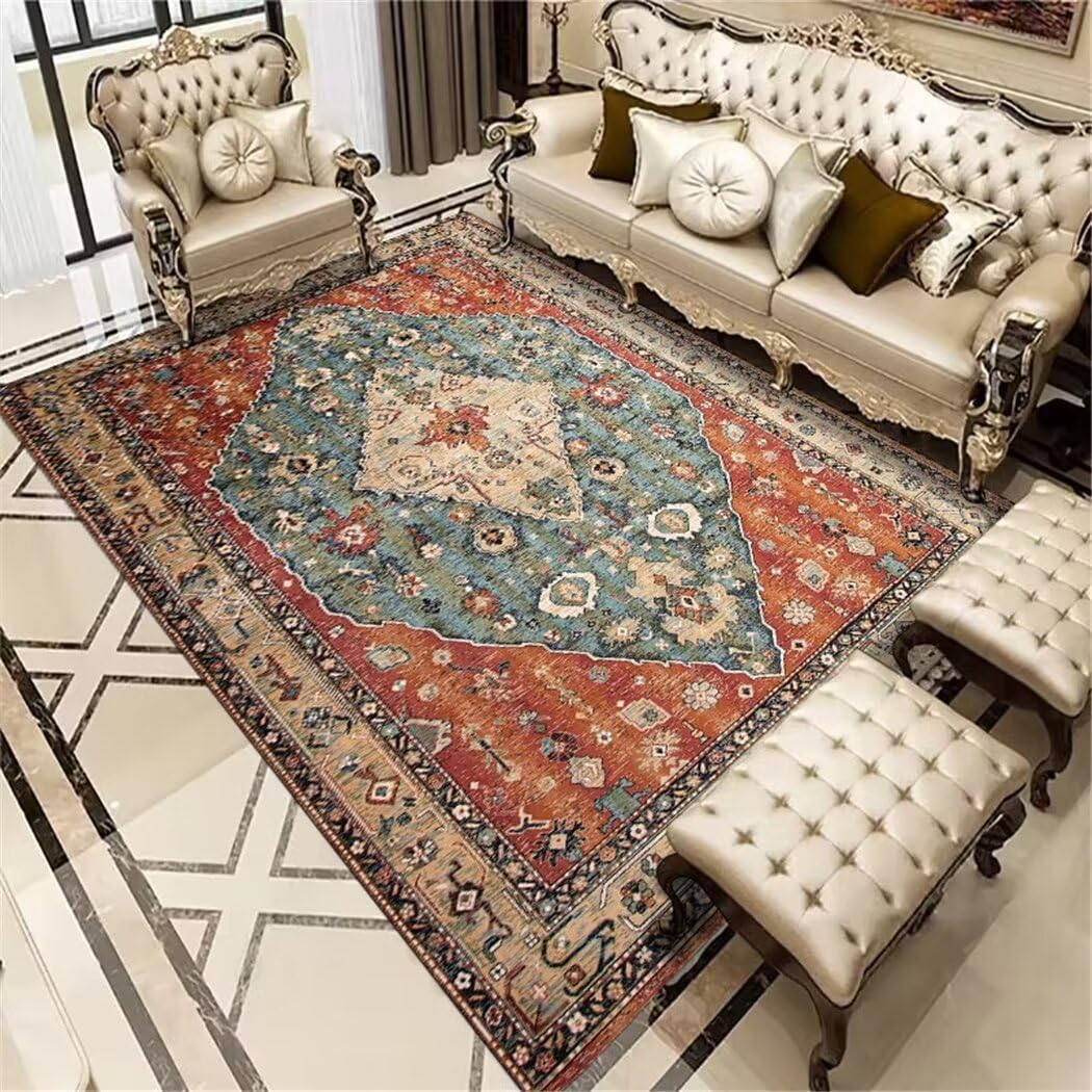 Alfombra lavable salón sofá pequeño con estampado vintage rojo y base antideslizante