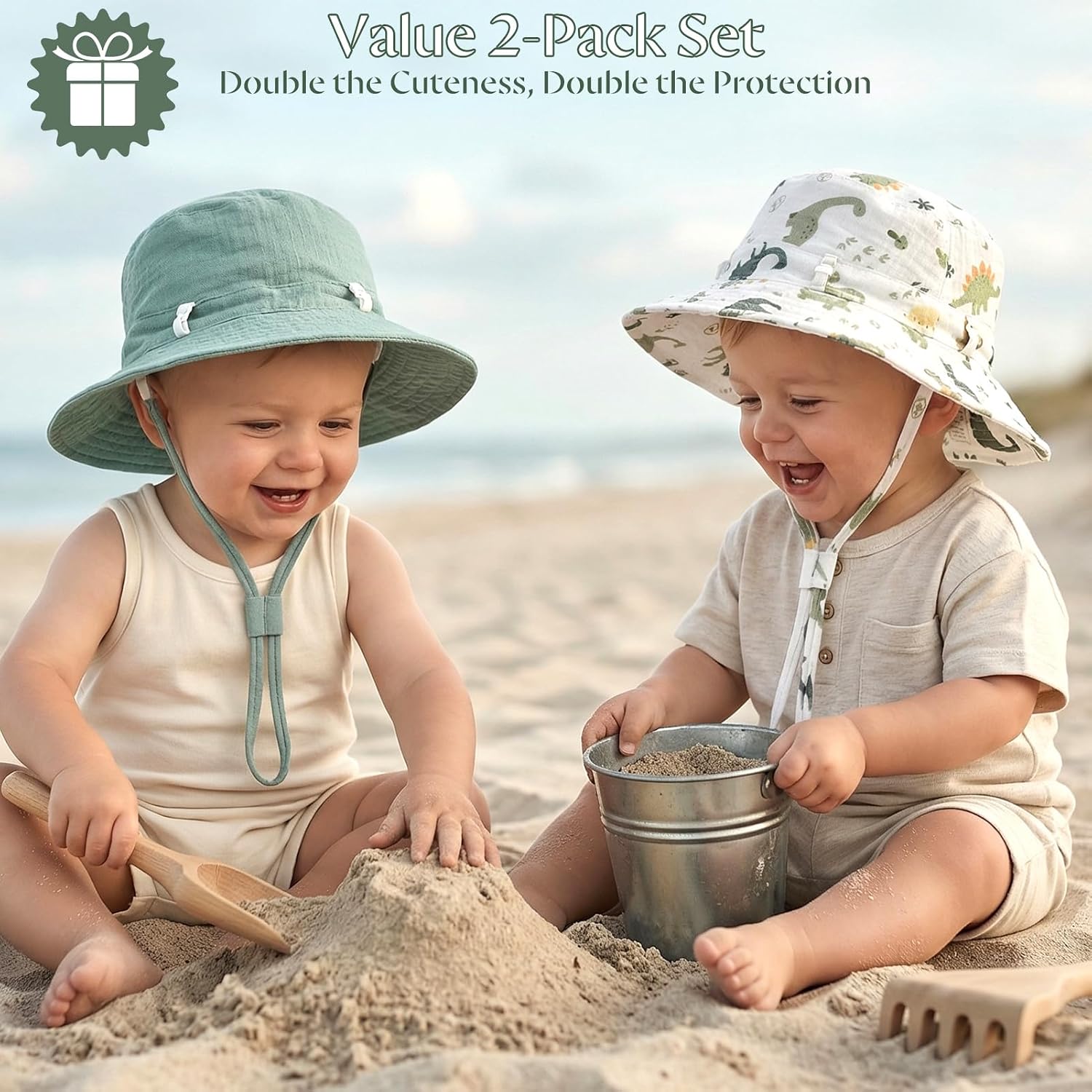 Play Tailor 2 Pack Newborn Baby Sun Hat Breathable Muslin Cotton Infant Bucket Cap Adjustable Wide Brim Summer Beach 0-9M