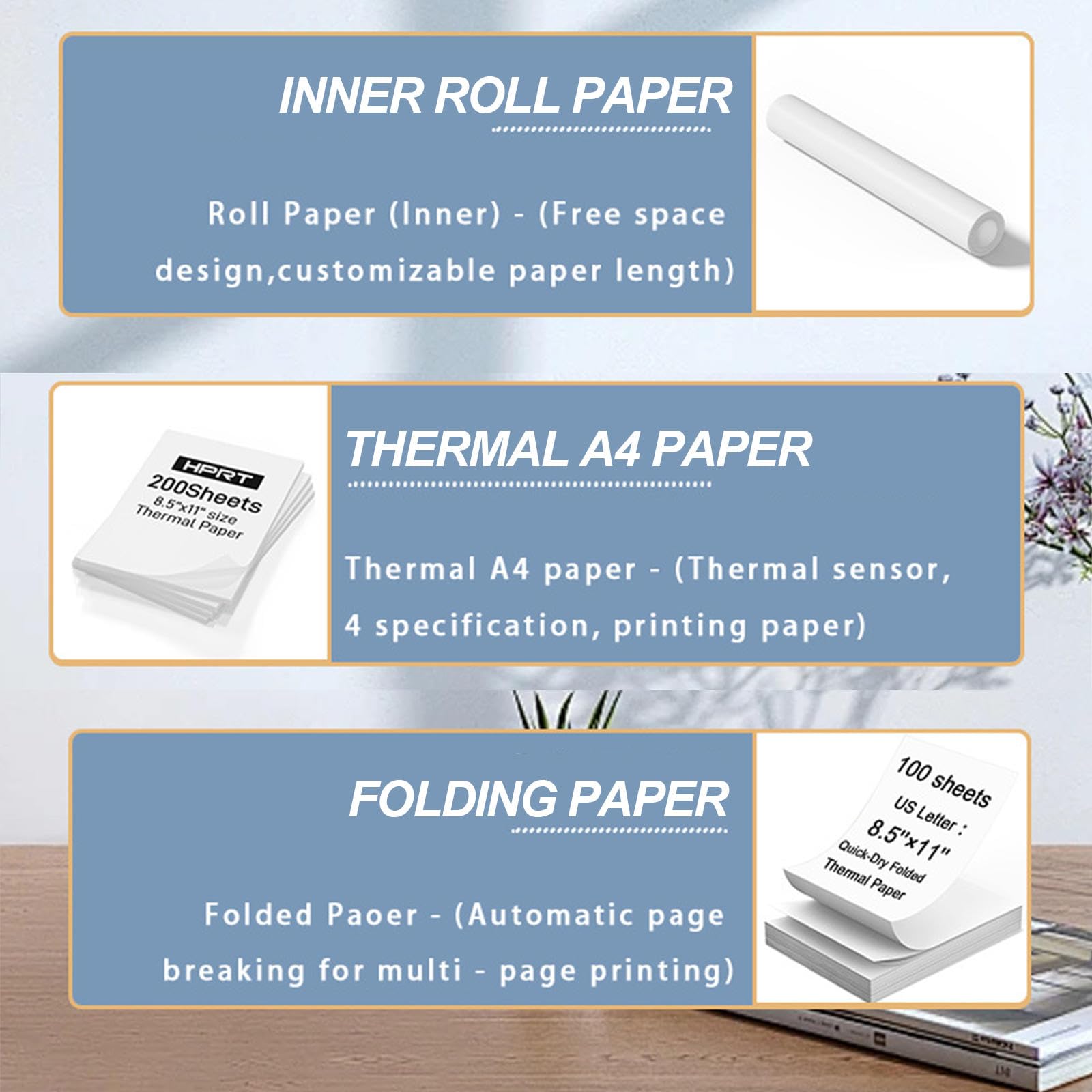 Imprimante Thermique - Imprimantes Portables sans Fil A4 pour la Maison et Le Bureau, Compatible Bluetooth sans Encre, Prend en Charge Plusieurs Types de Papier (USB)