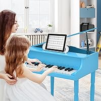Vista 2 de Goplus Piano de juguete clásico para niños de 30 teclas, mini piano de madera estilo grand con banco, tapa para piano, estante para música, juguete