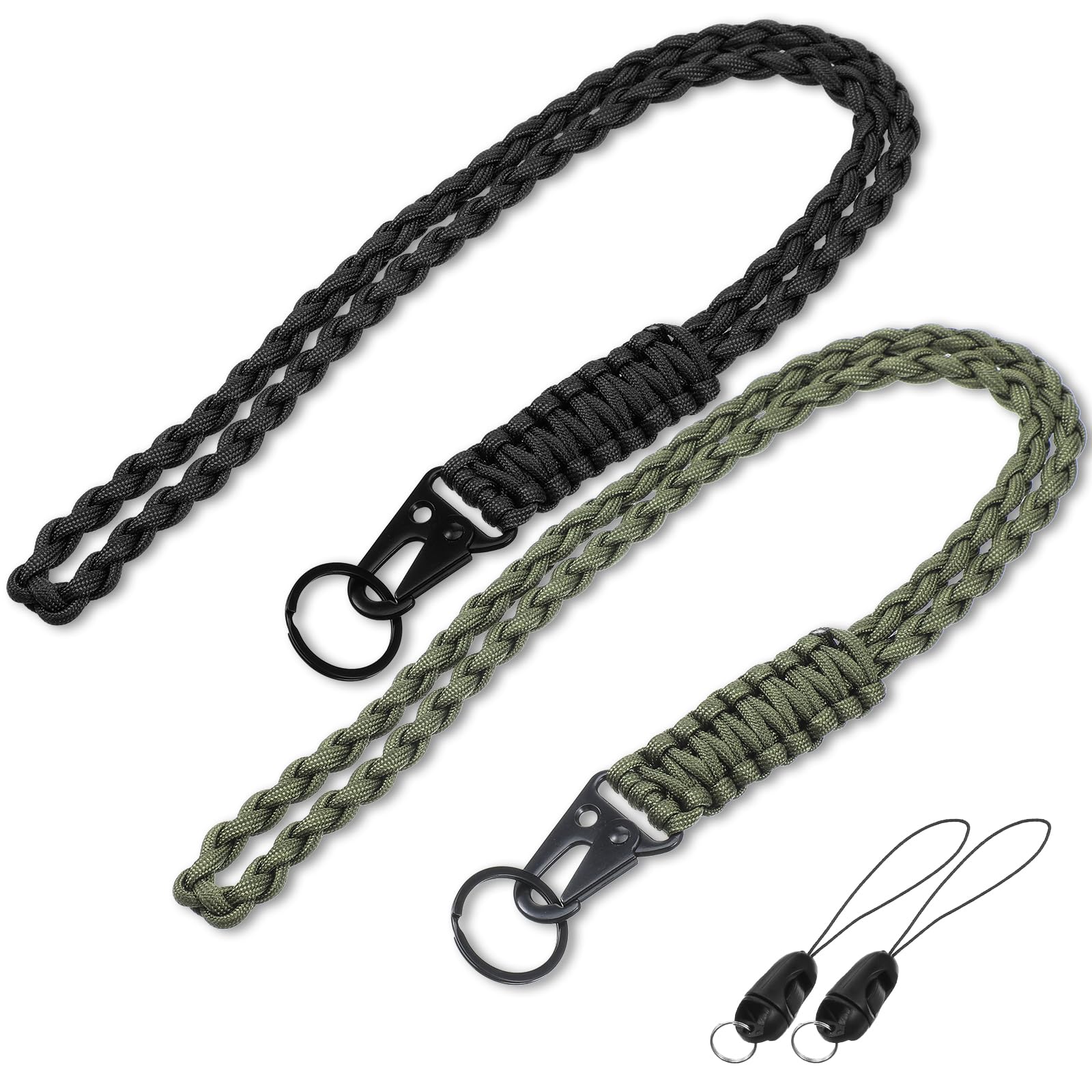 Axafazup 22 Inch Paracord Lanyard, Heavy Duty Braided Lanyard Necklace Keychain with Alloy Clip for Outdoor Activities, ID Badge, Camera, Travel, (Black, Green)