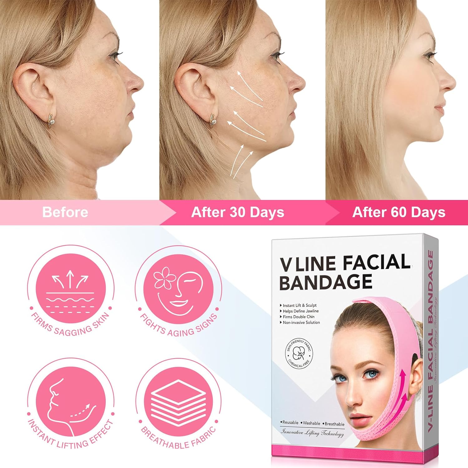 V Face Line Lifting Mask, Lifting Chinstrap, Face Slimming Strap to Firms Double Chin, Reusable - Washable - Breathable Jawline Shaper | Pink（Medium） - Image 3