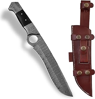 Handmade Damascus Hunting Knife with Scout Horizontal Carry Leather Sheath | Full Tang Fixed Blade Bushcraft, Camping, Skinning Knife | EDC Overall 13.5" Knife with sheath - BNAZIND