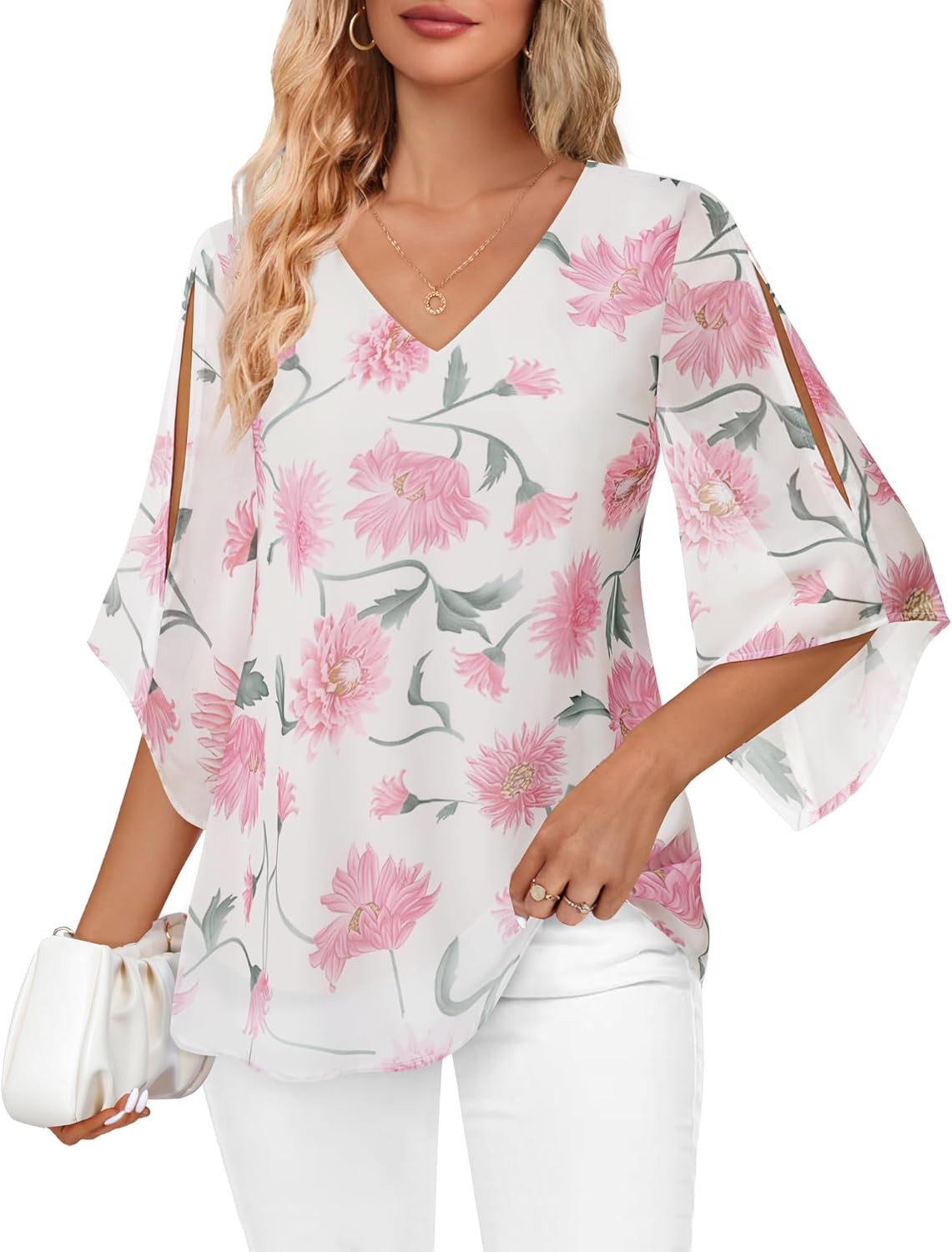 Bebonnie Womens Ruffle 3/4 Sleeve V Neck Double Layers Chiffon Blouses Dressy Tops