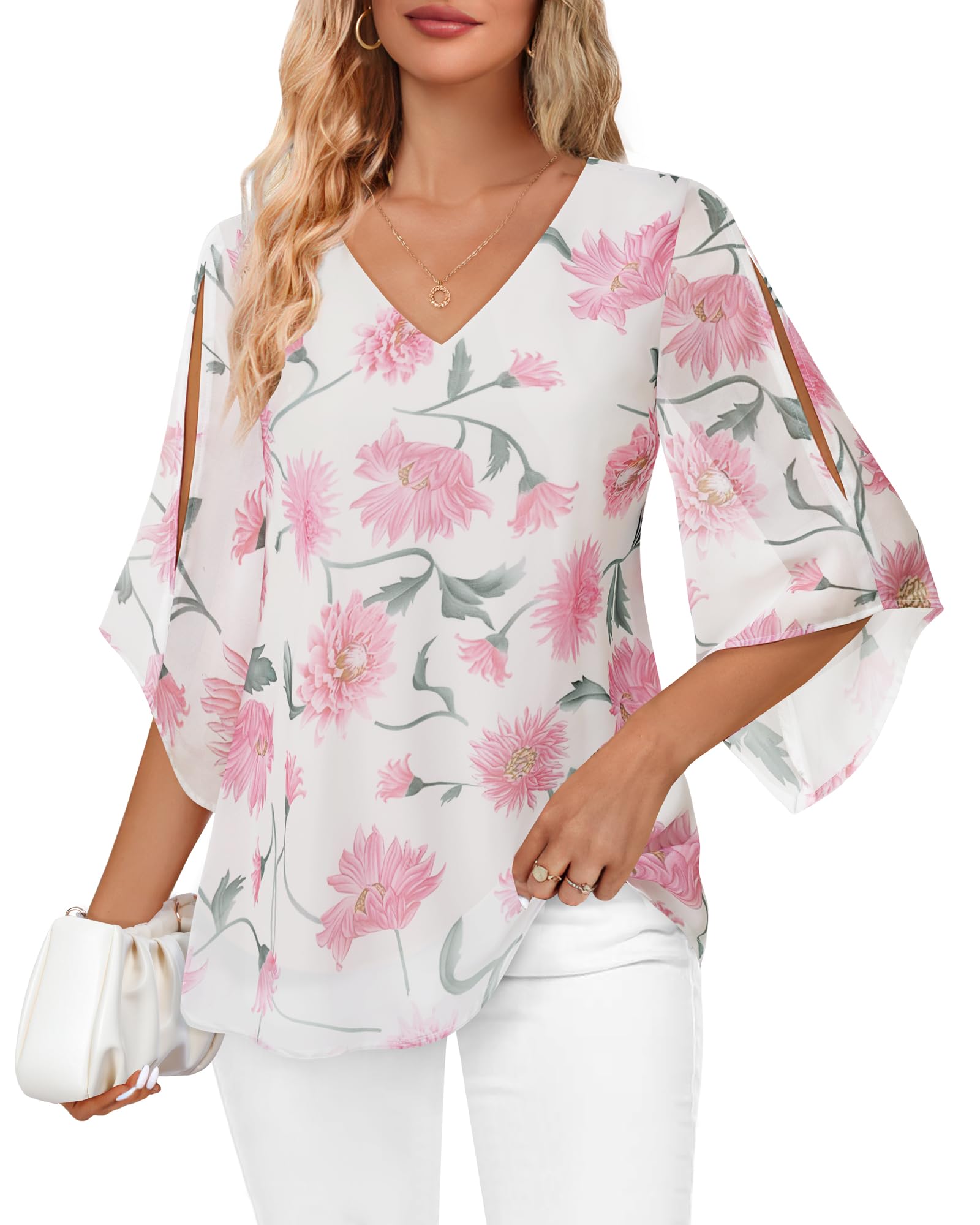 Bebonnie Blusas de gasa de doble capa con cuello en V y volantes para mujer, con mangas 3/4, para mujer