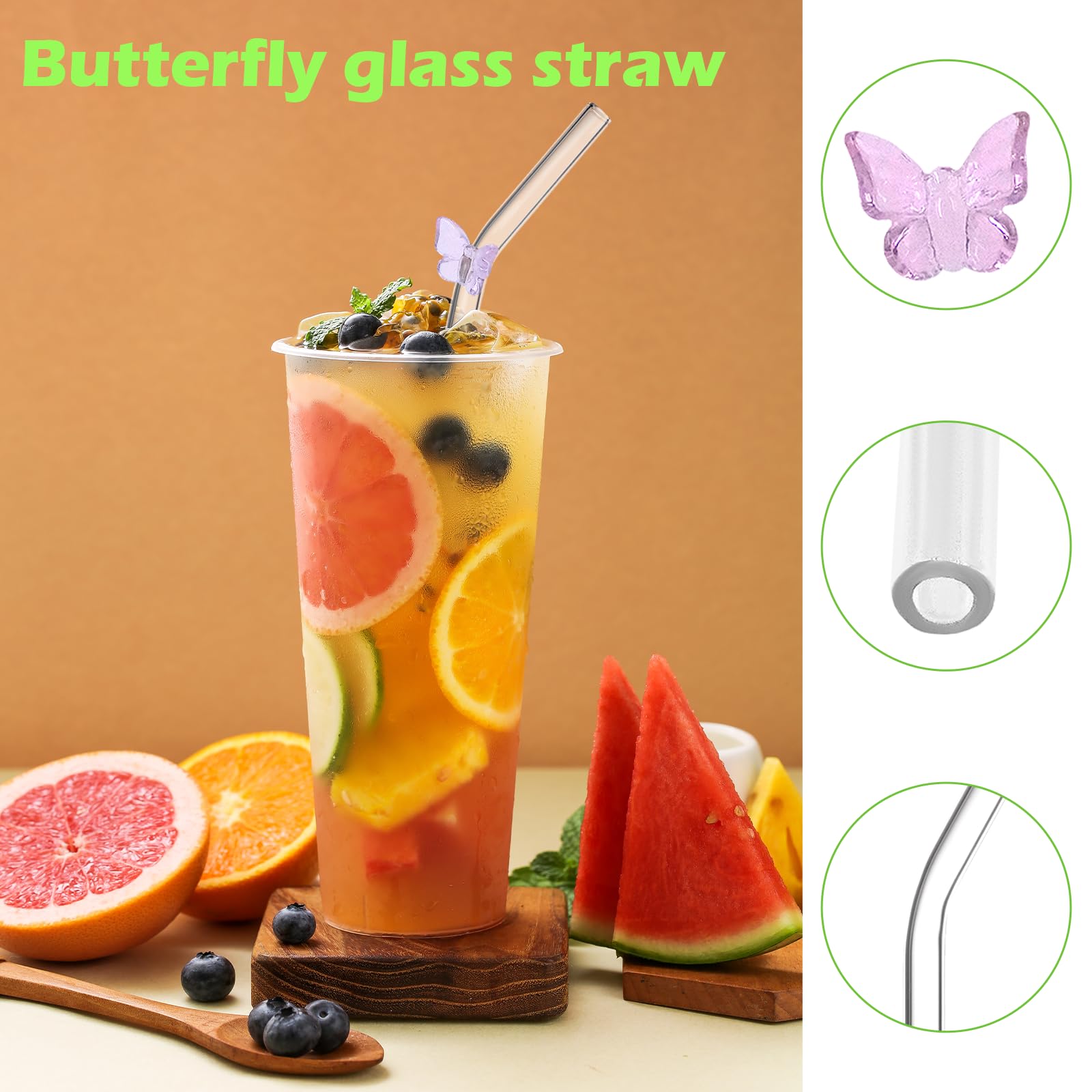 6 sztuk szklanych słomek do picia wielokrotnego użytku, zakrzywione szklane słomki do picia ze szczoteczkami do czyszczenia, do soków, koktajli, smoothie, kawy, mleka (motyl)