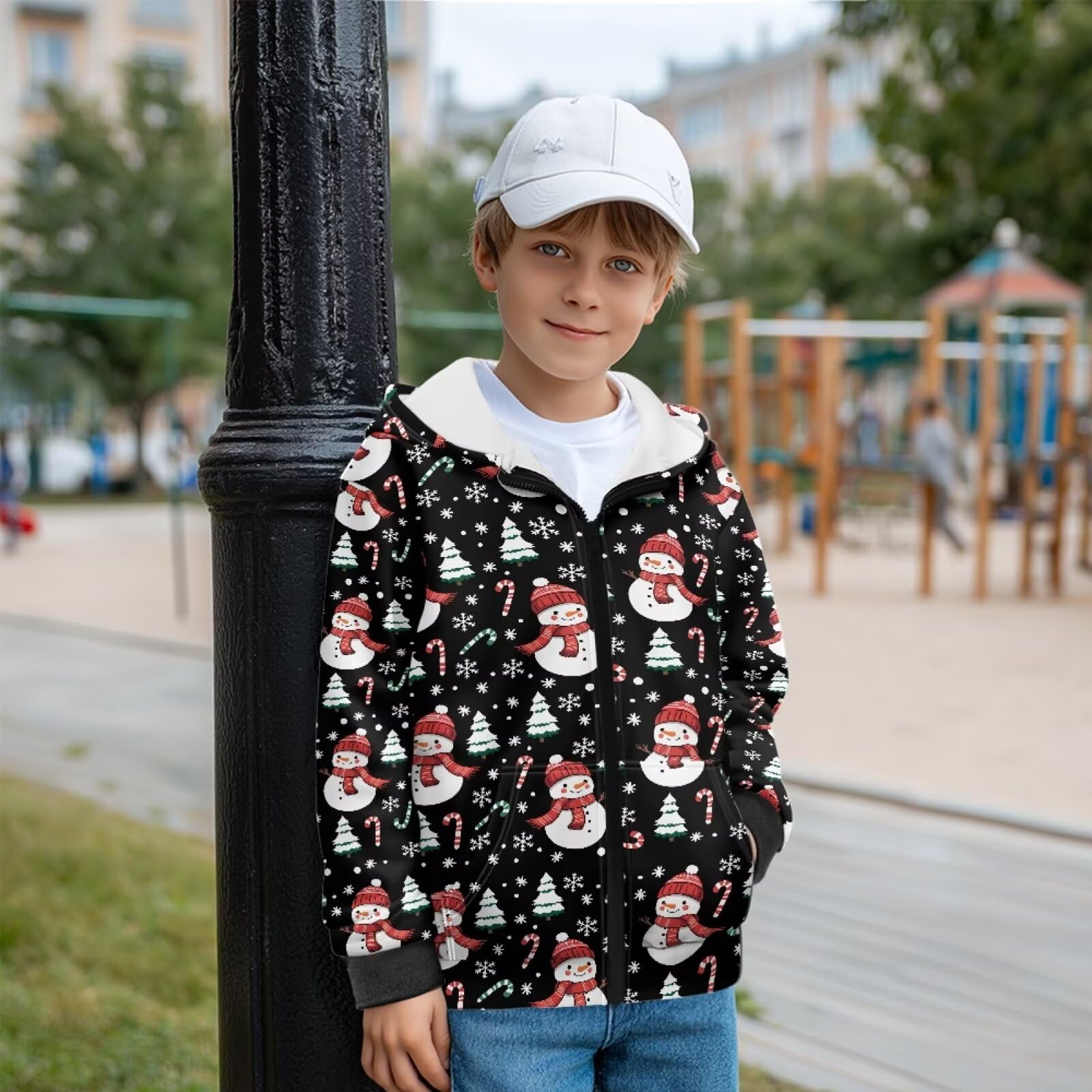 Płatek śniegu bałwan czarny nadruk dziecięce bluzy z kapturem zamek błyskawiczny z przodu przytulna bluza dziewczęca kurtka z kieszeniami polar bluza z kapturem miękka odzież uliczna do
