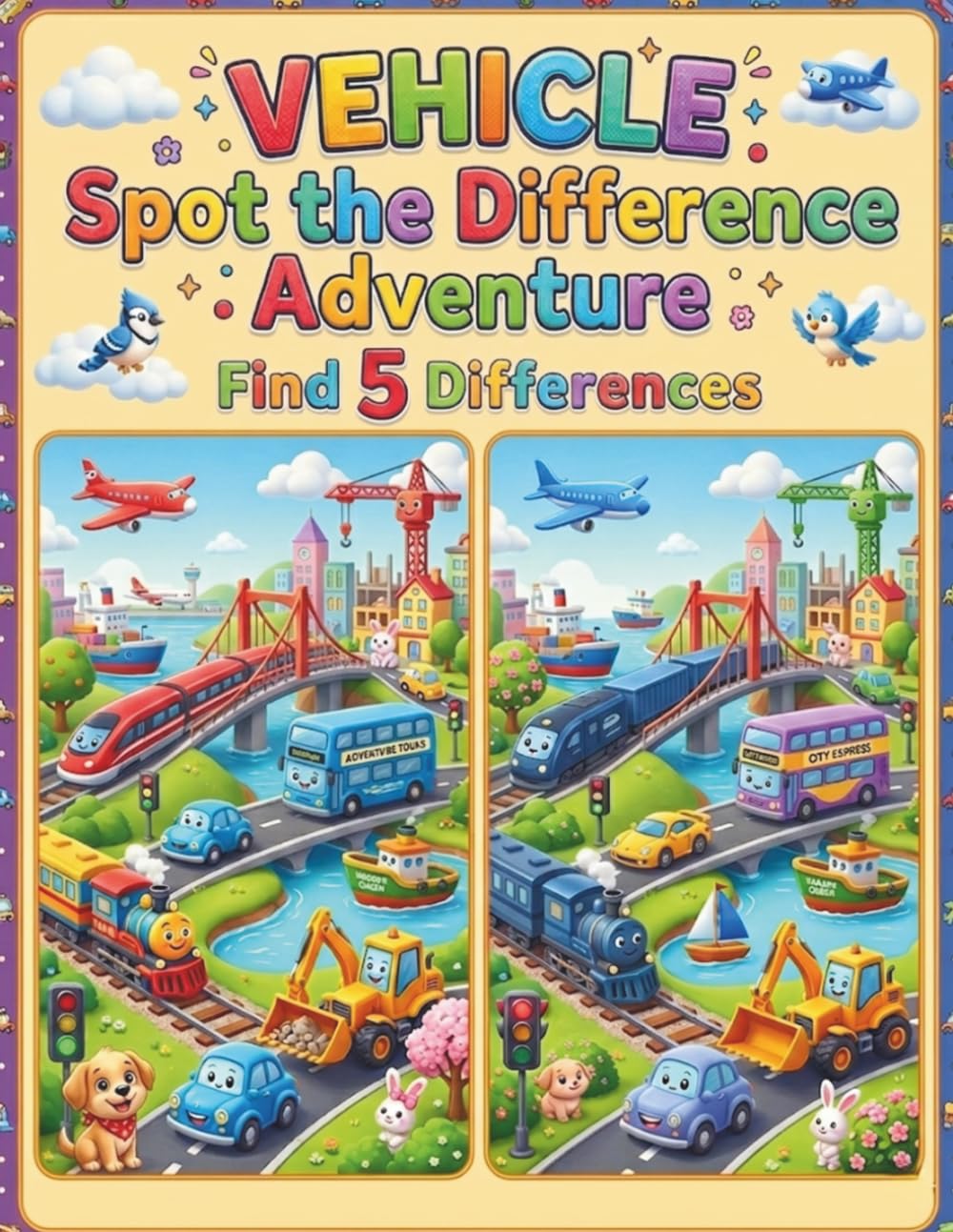 Vehicle Spot the Difference Adventure: Find 5 Differences: Fun Puzzles for Kids Ages 4-8 Featuring Cars, Trucks, Planes, and More!