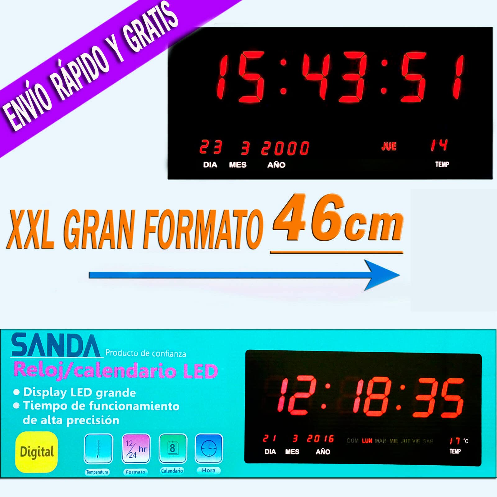 Sanda SD-4131 Reloj Digital de Pared Grande para Colgar | Led Color Rojo | Calendario | Termómetro | Fuente de Alimentacion | Alta precisión | 45 x 21,5 x 3 centímetros | Peso 1,1Kg