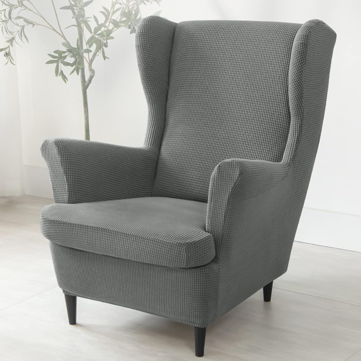 Stretch Polyester Wing Chair Cover Solid Color 2 Pieces Soft Wing Chair Slipcovers Removable Wingback Chair Covers -Khaki