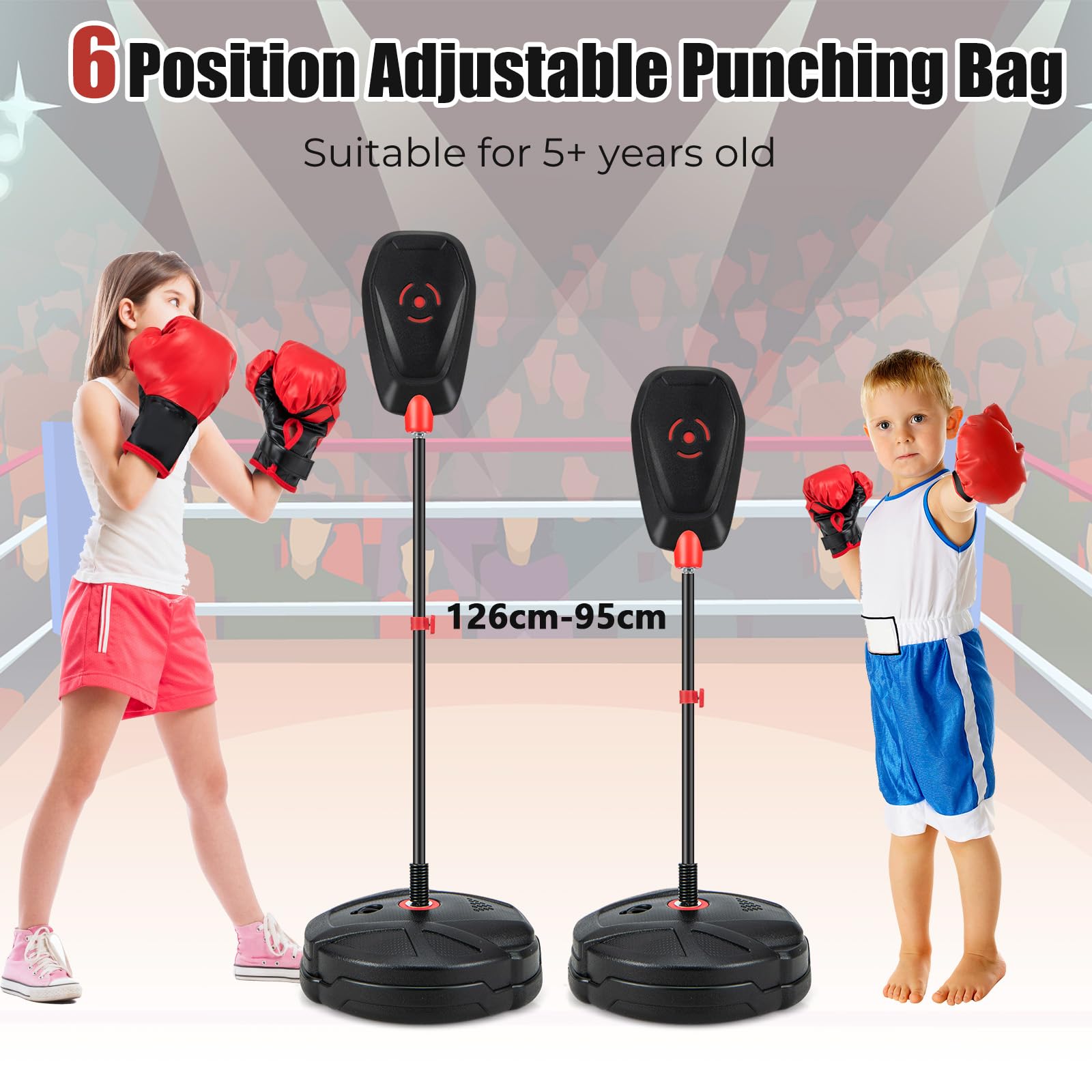 KOMFOTTEU Saco de Boxeo de Pie con Altura Ajustable 95-126 cm, Pelota de Boxeo con Guantes de Boxeo, Punching Ball con Base Rellenable, Set de Boxeo para Niños Mayores de 3 Años