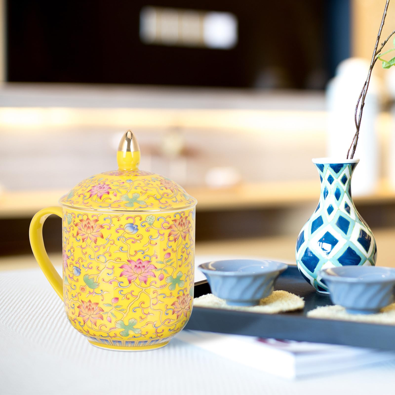 Teetasse Multifunktional mit Deckel im Klassischen Retro Stil Keramik Gelbe Farbe Geeignet als Geschenk und Büro Tasse