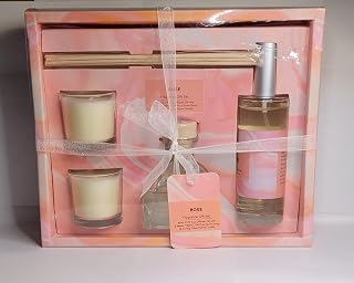 Rose Fragrance Gift Set, 5 Piece Set with Reed Diffuser, Room Spray, 2 Votive Candles